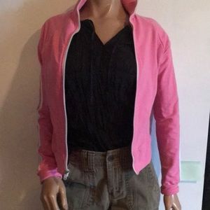 Pink athletic jacket in excellent condition. S/M. White stripes down sleeves.